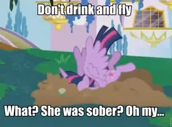 Size: 960x712 | Tagged: safe, derpibooru import, twilight sparkle, twilight sparkle (alicorn), alicorn, pony, princess twilight sparkle (episode), caption, crash, crashlight, faceplant, female, flying while under the influence, image macro, mare, solo, text