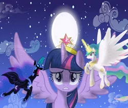 Size: 1024x863 | Tagged: safe, artist:heatwavemakesart, derpibooru import, nightmare moon, princess celestia, twilight sparkle, twilight sparkle (alicorn), alicorn, pony, princess twilight sparkle (episode), season 4, crying, female, fight, mare, moon, scene interpretation, spread wings, wings