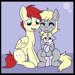 Size: 500x500 | Tagged: safe, artist:lulubell, derpibooru import, care package, derpy hooves, dinky hooves, special delivery, pegasus, pony, equestria's best mother, family, family photo, female, male, mare, shipping, straight
