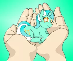 Size: 2557x2148 | Tagged: safe, artist:heartshielder1991, derpibooru import, lyra heartstrings, human, pony, unicorn, colored pupils, green background, hand, holding a pony, image, in goliath's palm, micro, png, simple background, smiling, solo focus, tiny, tiny ponies