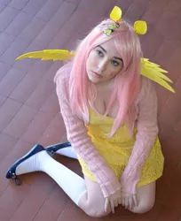 Size: 783x960 | Tagged: artist:lochlan o'neil, clothes, cosplay, costume, derpibooru import, fluttershy, human, irl, irl human, photo, safe, socks, solo, sweater, sweatershy