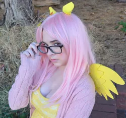 Size: 960x897 | Tagged: alternate hairstyle, artist:lochlan o'neil, breasts, cleavage, clothes, cosplay, costume, derpibooru import, female, fluttershy, glasses, hipster, hipstershy, human, irl, irl human, photo, safe, solo