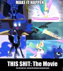 Size: 843x960 | Tagged: angry luna, derpibooru import, exploitable meme, fight, make it happen, meme, princess celestia, princess luna, princess twilight sparkle (episode), safe, vulgar