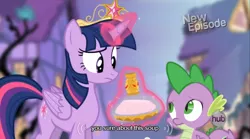 Size: 640x355 | Tagged: safe, derpibooru import, edit, edited screencap, screencap, spike, twilight sparkle, twilight sparkle (alicorn), alicorn, pony, princess twilight sparkle (episode), big crown thingy, caption, element of magic, female, flashback potion, food, jewelry, mare, meme, mlp-captions, not milk, regalia, soup, youtube caption