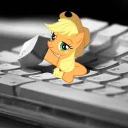 Size: 500x500 | Tagged: safe, derpibooru import, applejack, earth pony, pony, applejack's hat, cowboy hat, cute, female, hat, i hid in your keyboard, jackabetes, keyboard, looking at you, mare, micro, smiling, solo