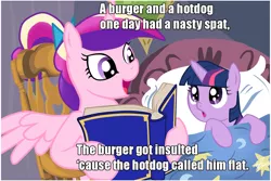 Size: 1024x683 | Tagged: safe, deleted from derpibooru, derpibooru import, princess cadance, twilight sparkle, alicorn, pony, unicorn, bedtime story, book, cadance's bedtime stories, caption, duo, exploitable meme, female, filly, image macro, looking up, meme, text, the burger and the hot dog, younger