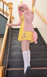 Size: 2881x4648 | Tagged: artist:lochlan o'neil, clothes, cosplay, costume, derpibooru import, fluttershy, human, irl, irl human, photo, safe, socks, solo, sweater, sweatershy, tail