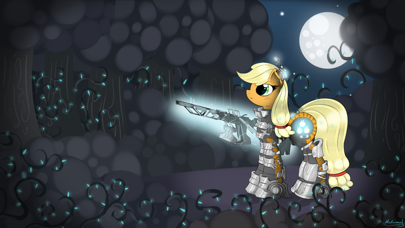 Size: 3000x1687 | Tagged: applejack, armor, artist:malamol, black vine, crossover, dead space, derpibooru import, gun, moon, night, princess twilight sparkle (episode), rig (dead space), safe, season 4, solo, weapon