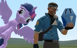 Size: 1131x707 | Tagged: safe, artist:rainbowdashscout900, derpibooru import, twilight sparkle, twilight sparkle (alicorn), alicorn, pony, princess twilight sparkle (episode), 3d, derp, female, gmod, mare, mystery box of plot importance, scout, team fortress 2