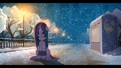 Size: 1920x1080 | Tagged: safe, artist:gign-3208, derpibooru import, twilight sparkle, pony, :<, alternate hairstyle, cape, city, cloak, clothes, crying, evening, floppy ears, frown, leg warmers, looking down, night, sad, sitting, snow, snowfall, solo, tree, winter