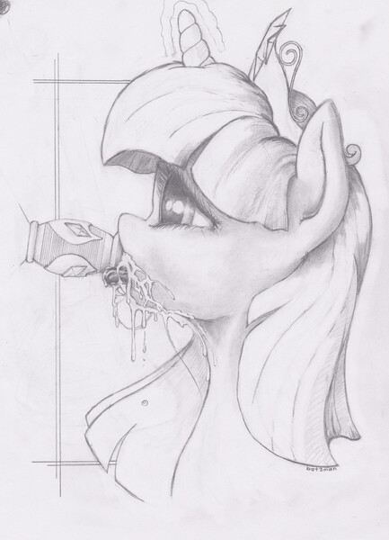 Size: 2298x3185 | Tagged: questionable, artist:bat3man, derpibooru import, twilight sparkle, twilight sparkle (alicorn), alicorn, pony, princess twilight sparkle (episode), drinking, female, flashback potion, mare, messy, monochrome, not milk, potion, solo, solo female, traditional art