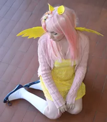 Size: 3142x3589 | Tagged: artist:lochlan o'neil, breasts, cleavage, clothes, cosplay, costume, derpibooru import, female, fluttershy, human, irl, irl human, photo, safe, solo, sweater, sweatershy