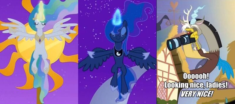 Size: 1116x498 | Tagged: camera, derpibooru import, discord, princess celestia, princess luna, princess twilight sparkle (episode), safe