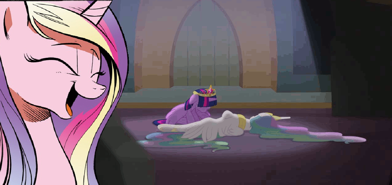 Size: 1266x596 | Tagged: safe, derpibooru import, princess cadance, princess celestia, twilight sparkle, twilight sparkle (alicorn), alicorn, pony, princess twilight sparkle (episode), season 4, cadance laughs at your misery, deadlestia, exploitable meme, female, mare, meme, obligatory pony, palindrome get