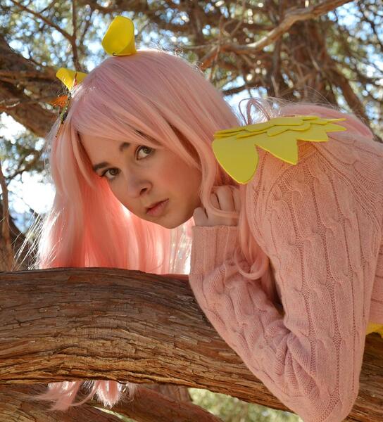 Size: 871x960 | Tagged: artist:lochlan o'neil, clothes, cosplay, costume, derpibooru import, fluttershy, human, irl, irl human, photo, safe, solo, sweater, sweatershy, tree