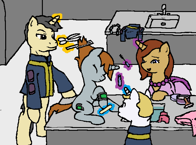 Size: 636x469 | Tagged: safe, artist:king-koder, derpibooru import, oc, oc:littlepip, oc:littlepip's mother, unofficial characters only, pony, unicorn, fallout equestria, fanfic, beads, clothes, comb, dress, fanfic art, female, glowing horn, haircut, horn, levitation, littlepip's mother, magic, makeover, male, mare, pipbuck, scissors, stallion, telekinesis, tomboy taming, vault suit