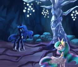 Size: 1428x1230 | Tagged: safe, artist:chryseum, derpibooru import, princess celestia, princess luna, tree of harmony, alicorn, pony, princess twilight sparkle (episode), duo, duo female, female, mare, scene interpretation