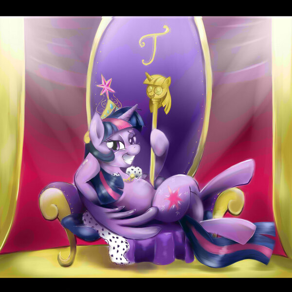 Size: 1024x1024 | Tagged: safe, artist:anightlypony, derpibooru import, twilight sparkle, twilight sparkle (alicorn), alicorn, pony, princess twilight sparkle (episode), big crown thingy, clothes, dreamworks face, element of magic, female, grin, jewelry, mare, regalia, robe, scepter, smiling, smug, smuglight sparkle, solo, throne, throne slouch, twilight scepter