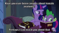 Size: 546x307 | Tagged: suggestive, derpibooru import, spike, twilight sparkle, twilight sparkle (alicorn), alicorn, blushing, female, male, meme, shipping, spike blushing at a book meme, straight, text, twilight's bad pickup lines, twispike, we don't normally wear clothes