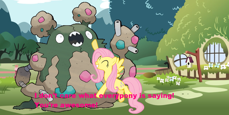 Size: 1259x632 | Tagged: derpibooru import, fluttershy, garbodor, pokémon, safe, text