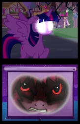 Size: 666x1024 | Tagged: semi-grimdark, derpibooru import, twilight sparkle, twilight sparkle (alicorn), alicorn, pony, princess twilight sparkle (episode), dark twilight, dark twilight sparkle, darkness, evil twilight, exploitable meme, female, glowing eyes, mare, meme, obligatory pony, projector, red eyes, tv meme, twilight projector