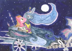Size: 650x459 | Tagged: safe, artist:foudubulbe, derpibooru import, big macintosh, princess luna, bat pony, pony, bowtie, chariot, clothes, female, luna's chariot, lunamac, male, moon, night, night guard, shipping, stars, straight, suit