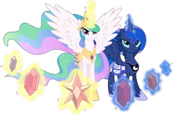 Size: 5000x3315 | Tagged: safe, artist:spier17, derpibooru import, princess celestia, princess luna, alicorn, pony, princess twilight sparkle (episode), bag, duo, element of generosity, element of honesty, element of kindness, element of laughter, element of loyalty, element of magic, elements of harmony, ethereal mane, female, glowing horn, horn, magic, mare, royal sisters, saddle bag, siblings, simple background, sisters, spread wings, starry mane, telekinesis, transparent background, vector, wings