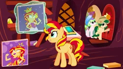 Size: 1280x720 | Tagged: safe, artist:violetclm, derpibooru import, drama letter, sunset shimmer, sweet leaf, watermelody, ponified, pony, equestria girls, equestria girls (movie), background human, book, equestria girls ponified, golden oaks library, hanukkah, menorah