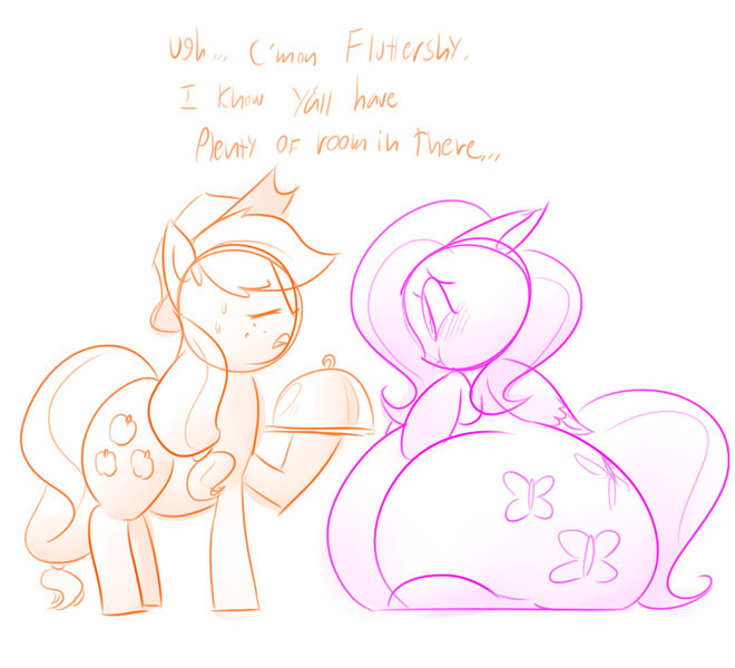 Size: 1100x1000 | Tagged: adorafatty, applejack, artist:secretgoombaman12345, blushing, butt, cloche (tableware), derpibooru import, fat, fattershy, feederjack, feeding, fluttershy, food, force feeding, huge butt, impossibly large butt, large butt, morbidly obese, obese, plot, safe, stuffed, stuffing, sweat, weight gain