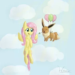 Size: 2000x2000 | Tagged: artist:wave-realm, balloon, crossover, cute, derpibooru import, eevee, eyes closed, floating, fluttershy, flying, music notes, open mouth, pokémon, safe, smiling