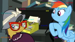 Size: 1920x1080 | Tagged: a.k. yearling, comic sans, daring do, daring don't, derpibooru import, doge, glasses, hat, meme, rainbow dash, safe, text