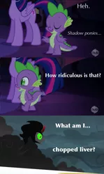 Size: 815x1364 | Tagged: safe, derpibooru import, king sombra, spike, twilight sparkle, twilight sparkle (alicorn), alicorn, pony, umbrum, castle mane-ia, caption, comic, female, image macro, mare, shadows, text