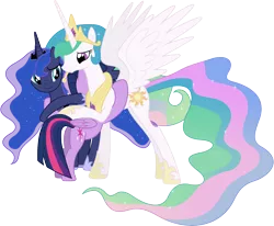 Size: 6630x5470 | Tagged: safe, artist:90sigma, derpibooru import, princess celestia, princess luna, twilight sparkle, twilight sparkle (alicorn), alicorn, pony, princess twilight sparkle (episode), absurd resolution, female, group hug, hug, mare, maternaluna, momlestia, motherly, simple background, transparent background, vector