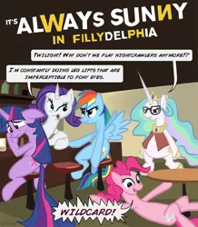 Size: 835x956 | Tagged: safe, artist:gsphere, derpibooru import, pinkie pie, princess celestia, rainbow dash, rarity, twilight sparkle, pony, bipedal, danny devito, it's always sunny in philadelphia, parody