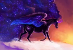 Size: 1280x883 | Tagged: artist:elkaart, cloud, cloudy, derpibooru import, glowing eyes, long mane, long tail, nightmare moon, realistic, safe, solo, twilight (astronomy)