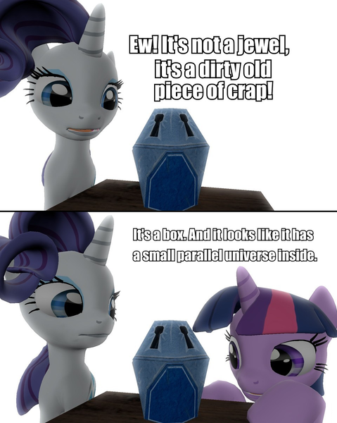 Size: 960x1203 | Tagged: 3d, artist:pinkie diane roosevelt phd, comic, derpibooru import, gmod, mystery box of plot importance, princess twilight sparkle (episode), rarity, reference, safe, the amazing screw-on head, twilight sparkle, vulgar