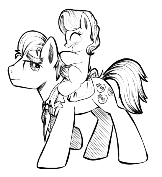 Size: 783x855 | Tagged: safe, artist:xioade, derpibooru import, diamond tiara, filthy rich, pony, blank flank, blushing, cute, diamondbetes, equestria's best father, eyes closed, grayscale, monochrome, open mouth, ponies riding ponies, riding, smiling