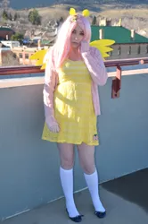 Size: 3073x4630 | Tagged: artist:lochlan o'neil, clothes, cosplay, costume, derpibooru import, fluttershy, human, irl, irl human, kneesocks, photo, safe, socks, solo