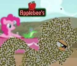 Size: 1354x1170 | Tagged: applebee's, applejack, bee, castle mane-ia, derpibooru import, gummy, insect, literal, pinkie pie, pun, safe, visual pun