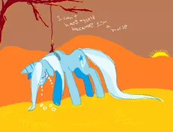 Size: 567x436 | Tagged: artist needed, semi-grimdark, derpibooru import, edit, trixie, pony, unicorn, abuse, crying, dark comedy, female, hanging, hanging (by neck), image, imminent death, imminent suicide, implied suicide, mare, png, rope, sad, solo, suicide, sun, tree, tree branch, trixiebuse