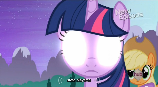 Size: 640x355 | Tagged: safe, derpibooru import, edit, edited screencap, screencap, applejack, twilight sparkle, twilight sparkle (alicorn), alicorn, pony, princess twilight sparkle (episode), caption, female, glowing eyes, hub logo, mare, meme, mlp-captions, youtube caption