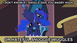 Size: 960x540 | Tagged: animated, bronybait, caption, castle, castle of the royal pony sisters, derpibooru import, edit, edited screencap, flashback, frown, glare, hug, image macro, imma snuggle you, looking at you, princess luna, princess twilight sparkle (episode), safe, screencap, season 4, solo, spread wings, text, throne, wings
