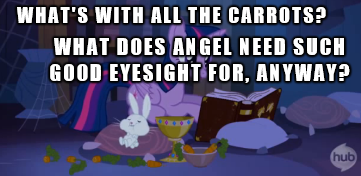 Size: 361x176 | Tagged: alicorn, angel bunny, book, caption, carrot, castle mane-ia, derpibooru import, food, image macro, safe, spike, text, twilight sparkle, twilight sparkle (alicorn)