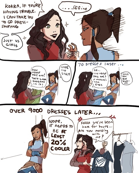 Size: 723x900 | Tagged: 20% cooler, asami sato, barely pony related, clothes, comic, derpibooru import, dress, korra, korrasami, over 9000, safe, the legend of korra