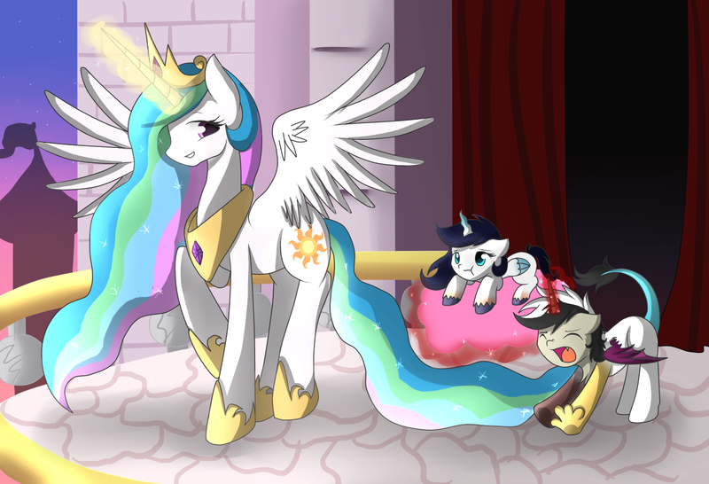 Size: 1500x1024 | Tagged: safe, artist:hikariviny, derpibooru import, princess celestia, oc, oc:chaotic, oc:harmony (hikariviny), alicorn, chimera, hybrid, pony, :t, balcony, brother and sister, castle, cloud, cotton candy, cotton candy cloud, cute, fangs, female, floppy ears, food, interspecies offspring, like mother like daughter, like mother like son, looking back, magic, male, mother and child, mother and daughter, mother and son, offspring, open mouth, parent:discord, parent:princess celestia, parents:dislestia, pouting, raised hoof, siblings, smiling, spread wings, stretch, stretching, wings