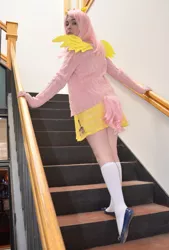 Size: 2805x4140 | Tagged: artist:lochlan o'neil, clothes, cosplay, costume, derpibooru import, fluttershy, human, irl, irl human, photo, safe, socks, solo, sweater, sweatershy, tail