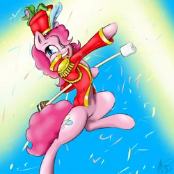 Size: 1600x1600 | Tagged: safe, artist:captainpudgemuffin, derpibooru import, gummy, pinkie pie, pony, baton, bipedal, clothes, food, jacket, marching, marshmallow, s'mores
