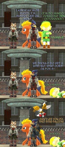 Size: 598x1337 | Tagged: safe, artist:mattwo, derpibooru import, ponified, fox, pony, 3d, comic, crossover, falco lombardi, firefox, fox mccloud, gmod, konami, link, metal gear, metal gear solid, miles "tails" prower, nintendo, sonic the hedgehog (series), star fox, the legend of zelda, toon link, zelda cdi, zelda: the wand of gamelon