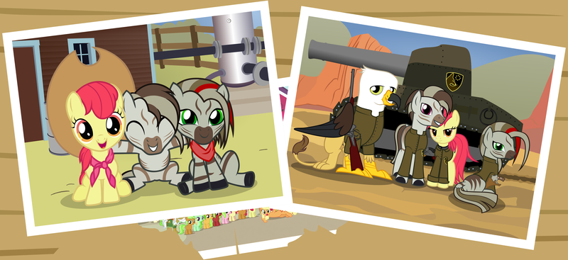 Size: 7629x3498 | Tagged: safe, artist:astringe, derpibooru import, apple bloom, oc, gryphon, zebra, bad future crusaders (fic), tank (vehicle)