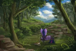 Size: 3000x2038 | Tagged: safe, artist:cezzlo, derpibooru import, twilight sparkle, twilight sparkle (alicorn), alicorn, pony, behind, book, chair, female, forest, mare, scenery, solo